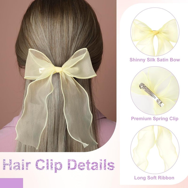 STSTR 2Pcs Large Hair Bow Clips, Yellow Silk Yarn Ribbon Bow Hair Barrette for Women, Elegant Long Tail Bowknot French Hair Accessories for Wedding, Parties, Festivals - Style 4 - Image 4